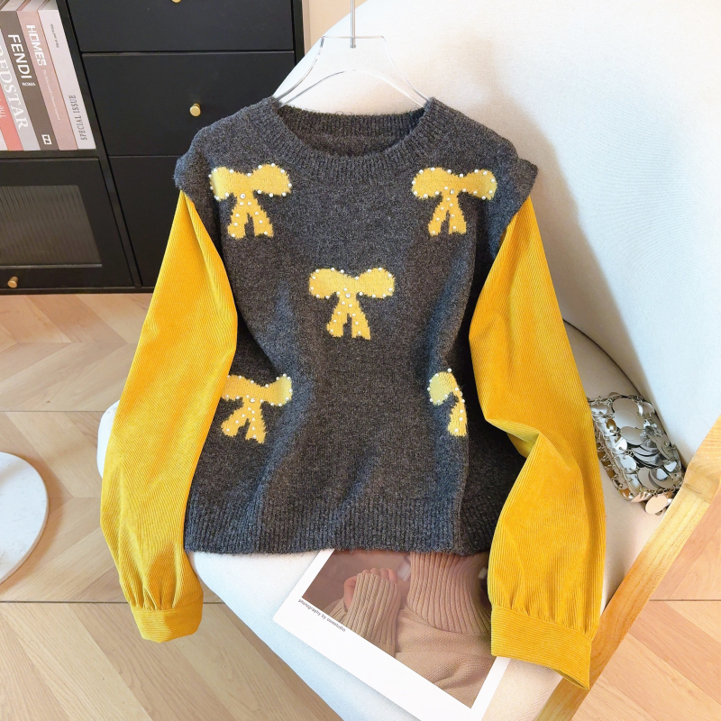 Beading bow lazy sweater long sleeve splice coat for women