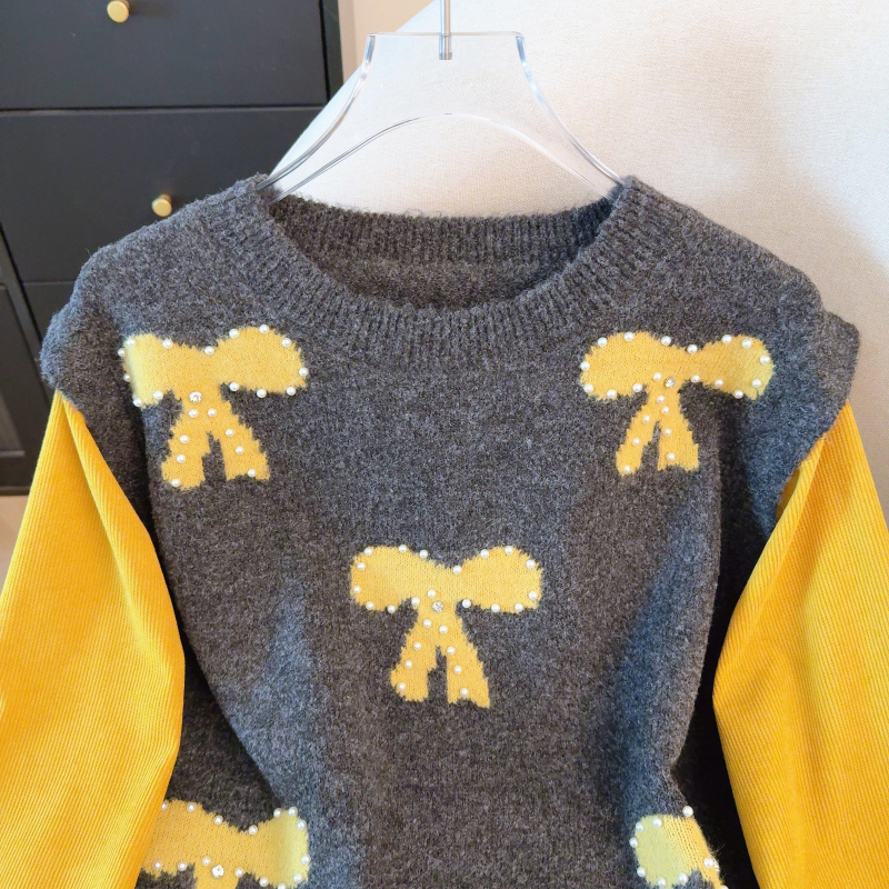 Beading bow lazy sweater long sleeve splice coat for women