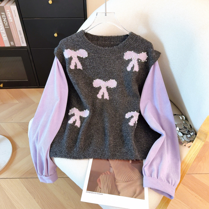 Beading bow lazy sweater long sleeve splice coat for women