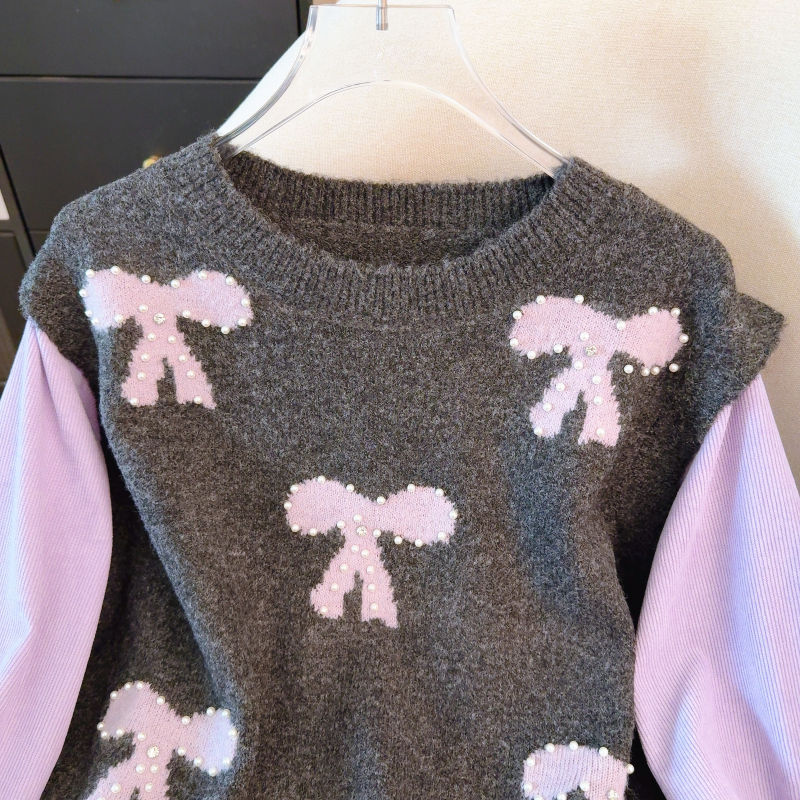 Beading bow lazy sweater long sleeve splice coat for women