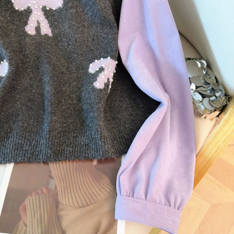 Beading bow lazy sweater long sleeve splice coat for women