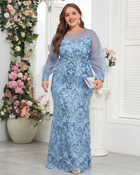 Round neck party large yard mermaid sky-blue evening dress