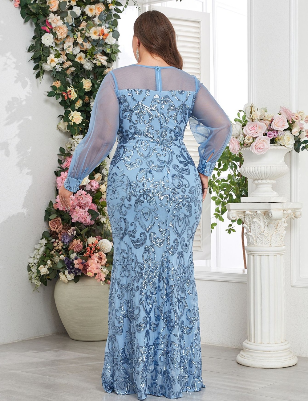 Round neck party large yard mermaid sky-blue evening dress