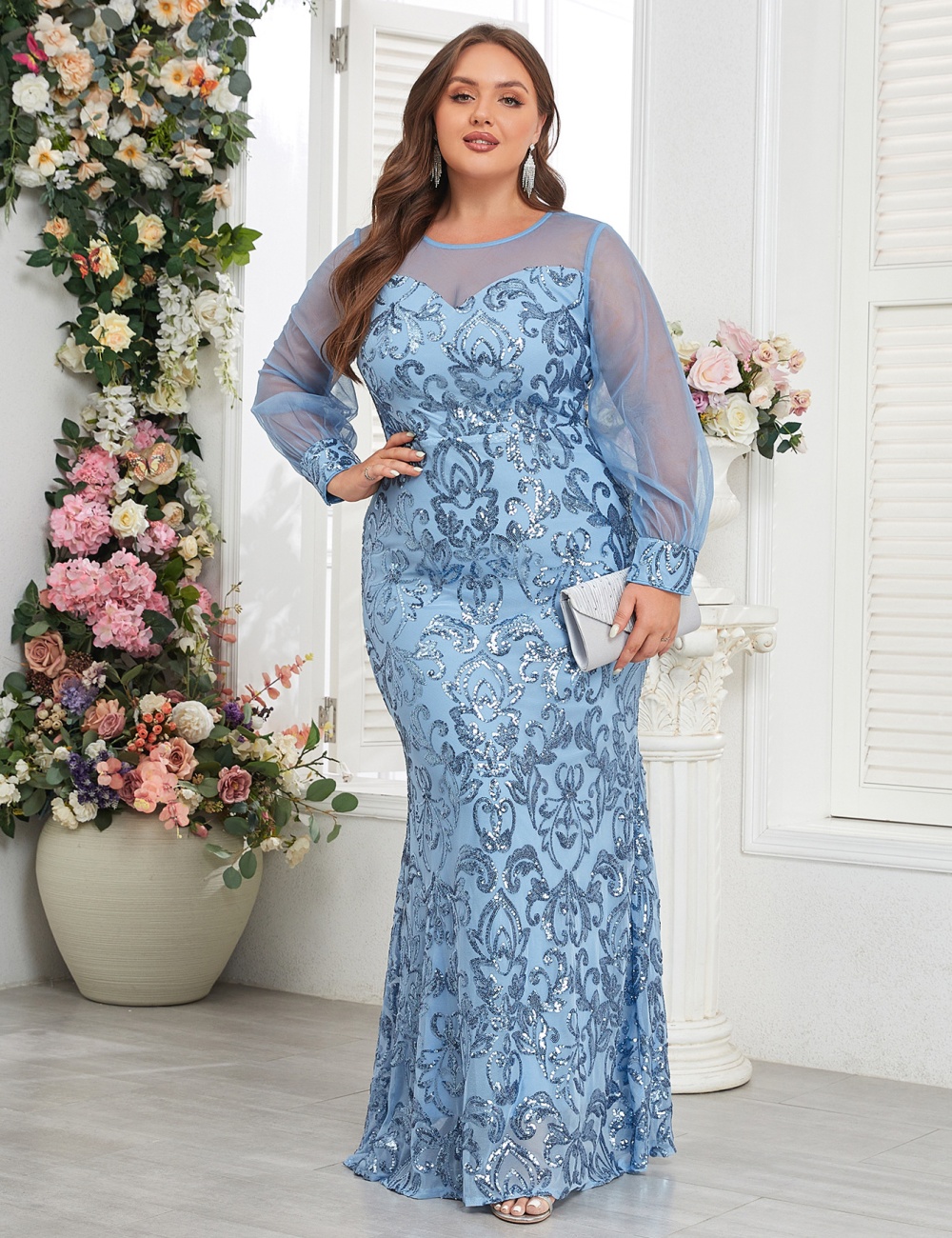 Round neck party large yard mermaid sky-blue evening dress