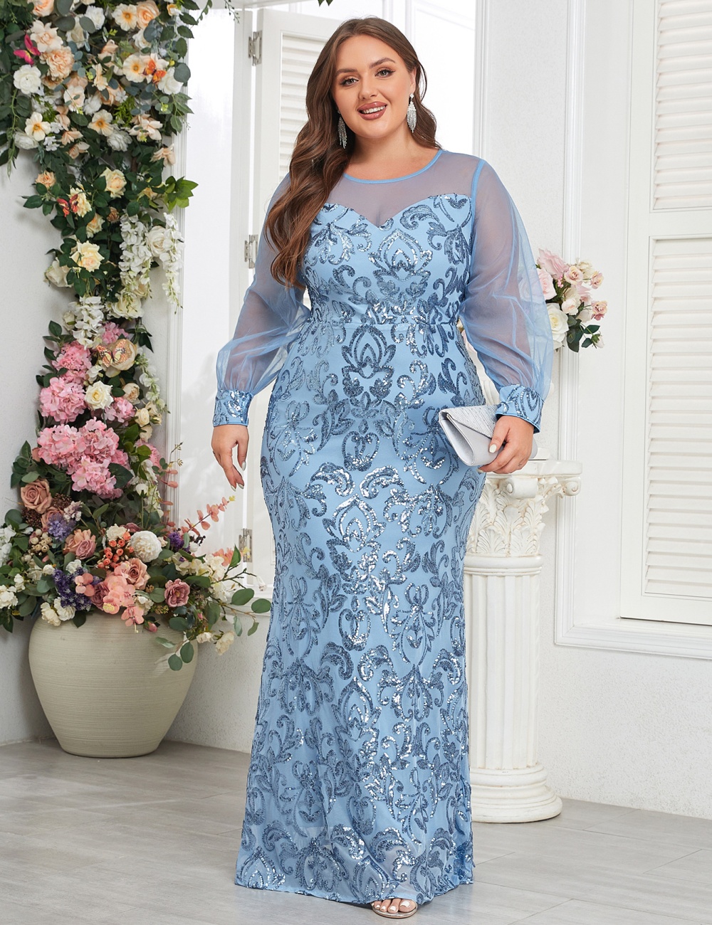 Round neck party large yard mermaid sky-blue evening dress