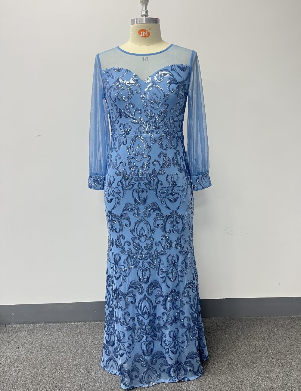 Round neck party large yard mermaid sky-blue evening dress