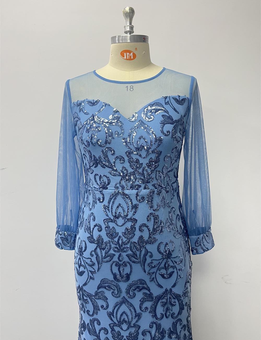 Round neck party large yard mermaid sky-blue evening dress