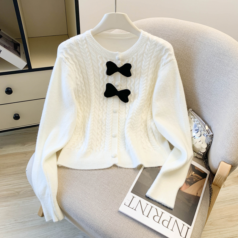 Knitted spring red sweater long sleeve bow cardigan