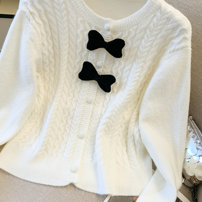 Knitted spring red sweater long sleeve bow cardigan