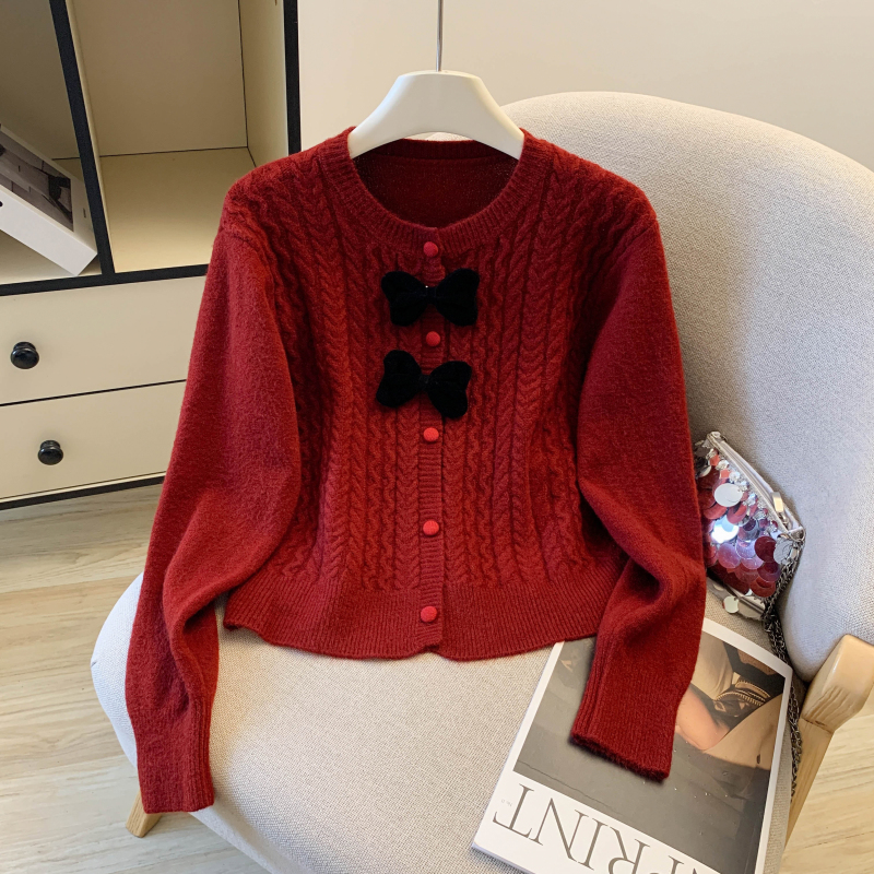 Knitted spring red sweater long sleeve bow cardigan