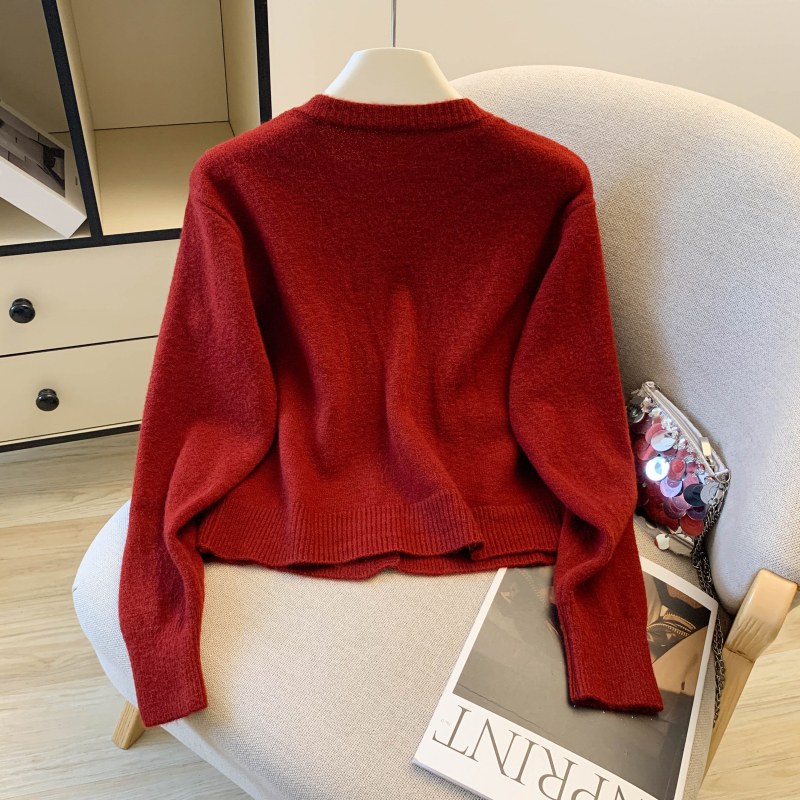 Knitted spring red sweater long sleeve bow cardigan