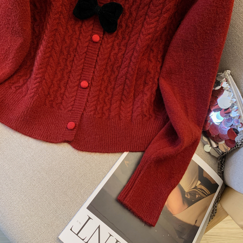 Knitted spring red sweater long sleeve bow cardigan