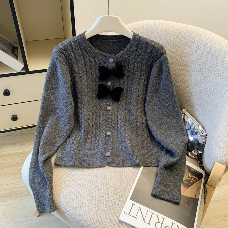 Knitted spring red sweater long sleeve bow cardigan