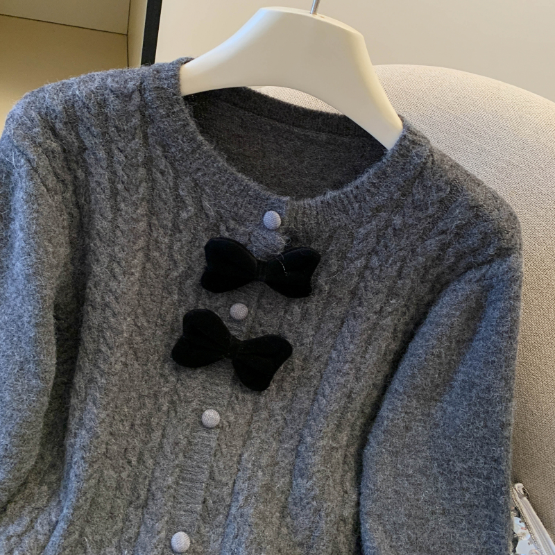 Knitted spring red sweater long sleeve bow cardigan