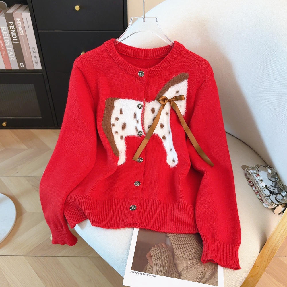 Cartoon red spring sweater knitted jacquard cardigan