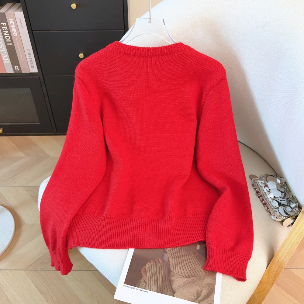 Cartoon red spring sweater knitted jacquard cardigan