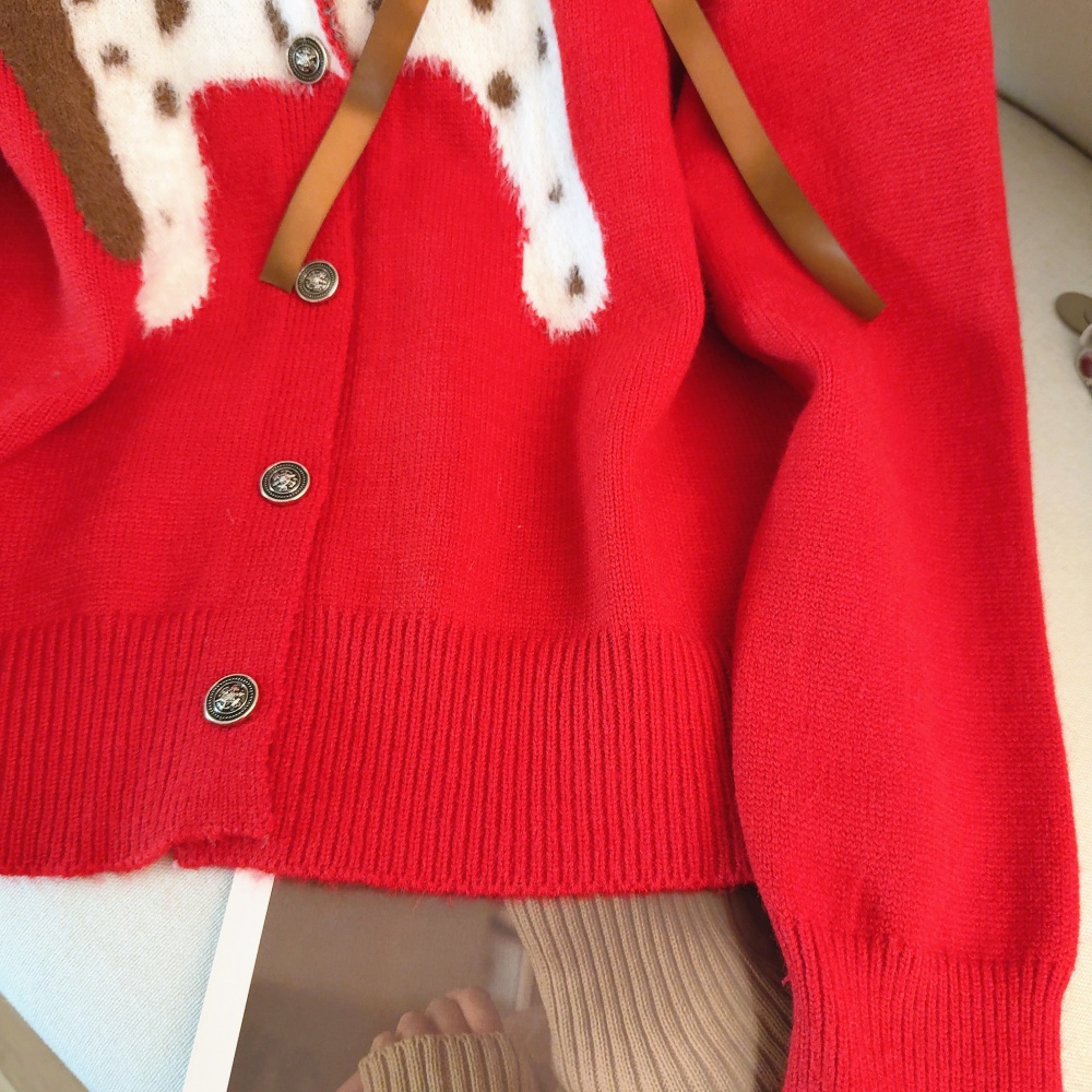 Cartoon red spring sweater knitted jacquard cardigan