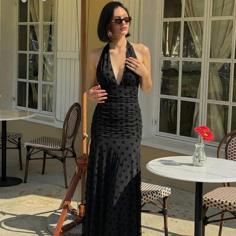 Fashion spring gauze polka dot V-neck sexy dress for women