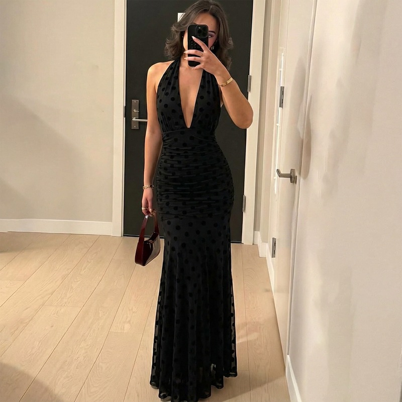 Fashion spring gauze polka dot V-neck sexy dress for women