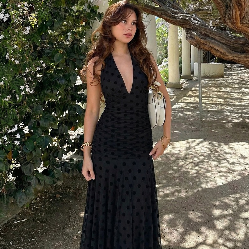 Fashion spring gauze polka dot V-neck sexy dress for women