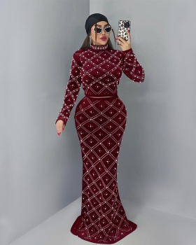 Rhinestone long skirt fashion tops 2pcs set for women