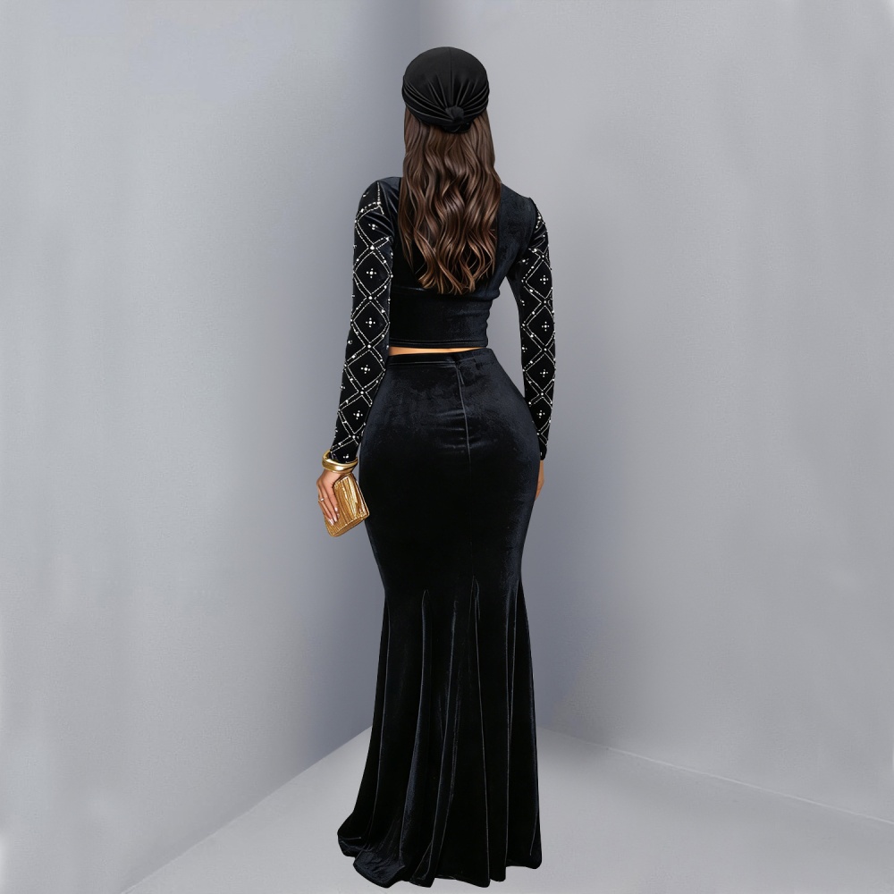 Rhinestone long skirt fashion tops 2pcs set for women