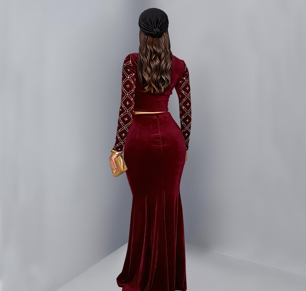 Rhinestone long skirt fashion tops 2pcs set for women