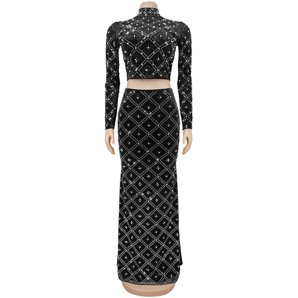 Rhinestone long skirt fashion tops 2pcs set for women
