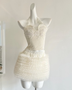 Lace sequins short skirt gauze beading tops a set