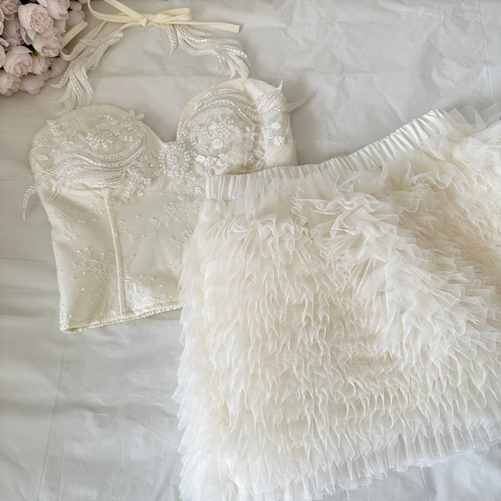 Lace sequins short skirt gauze beading tops a set