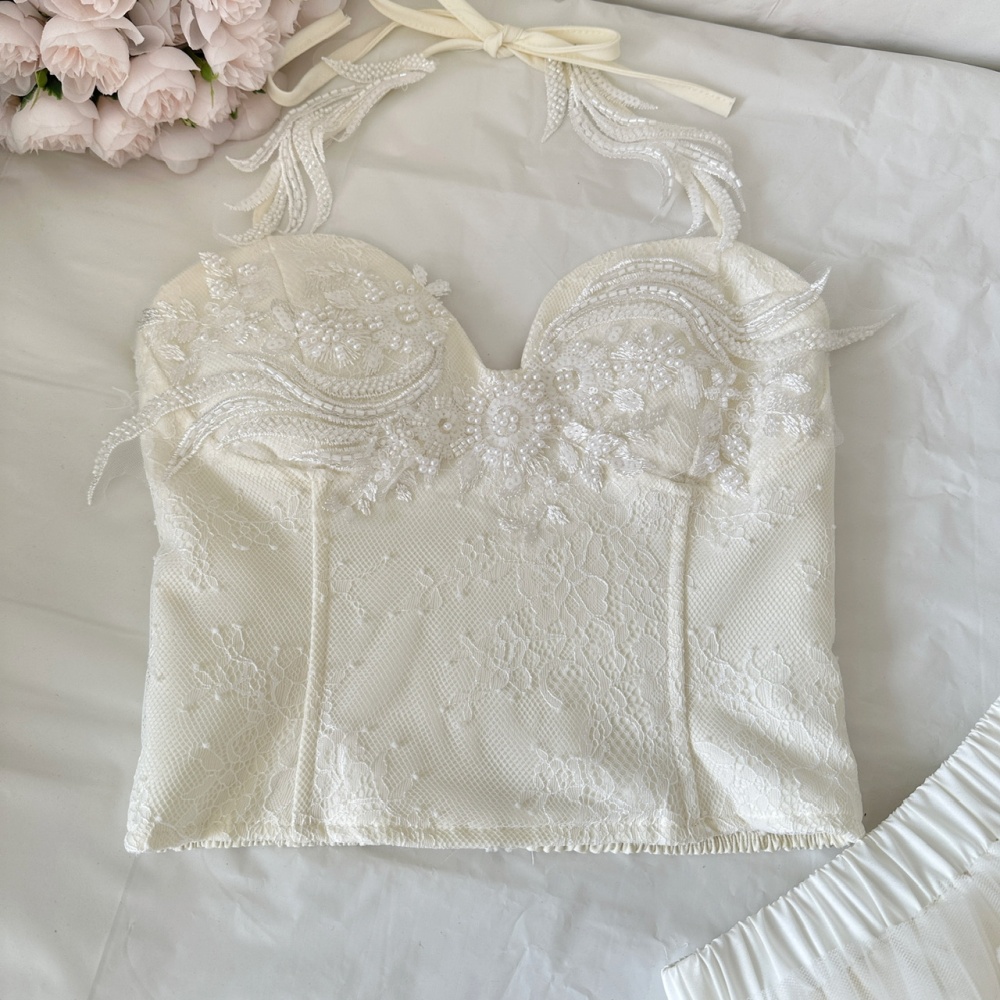 Lace sequins short skirt gauze beading tops a set