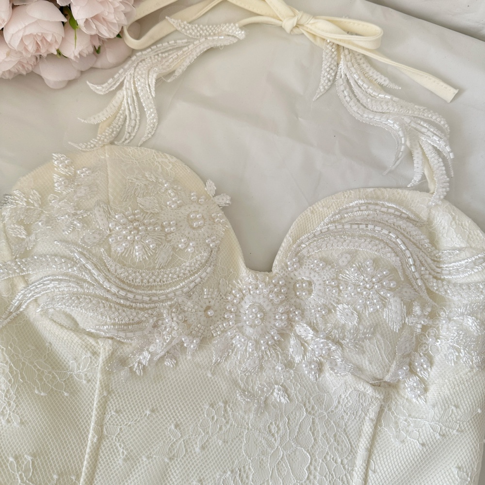 Lace sequins short skirt gauze beading tops a set