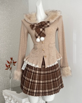 Long sleeve plaid tops autumn and winter sweet skirt a set