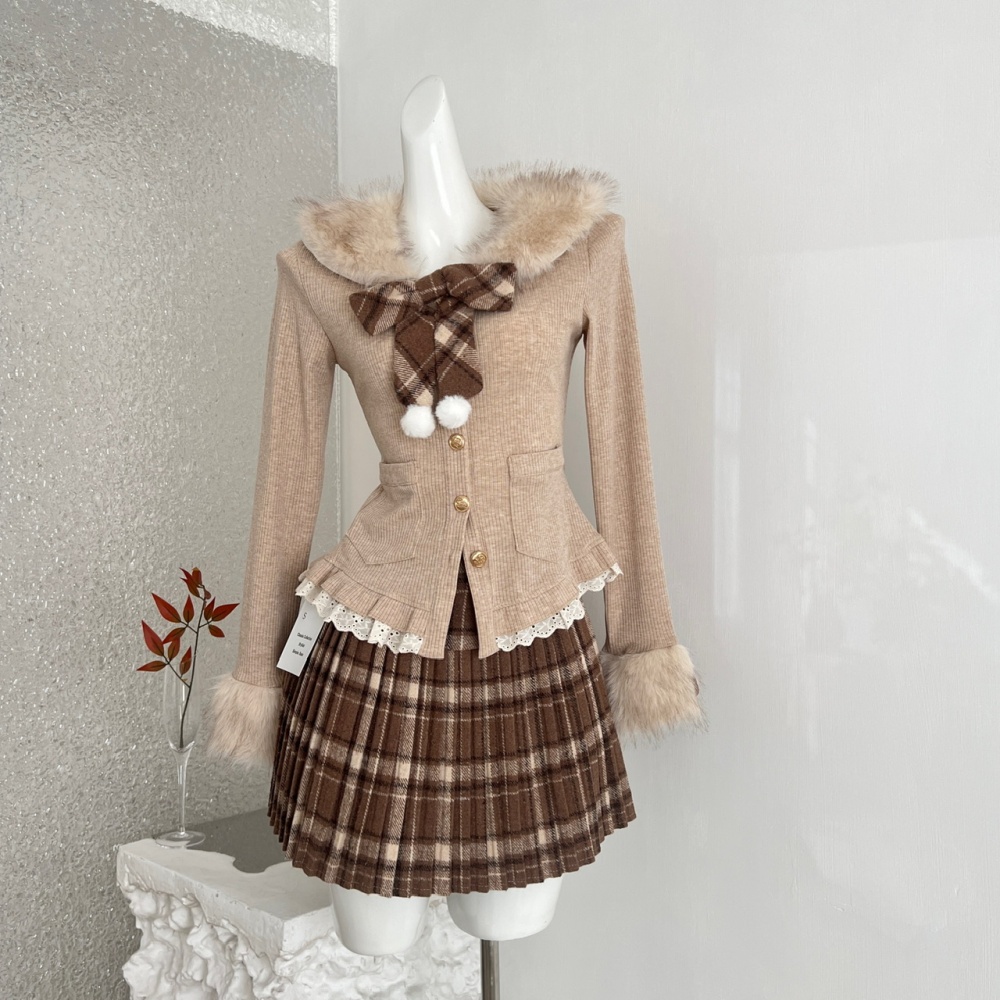 Long sleeve plaid tops autumn and winter sweet skirt a set