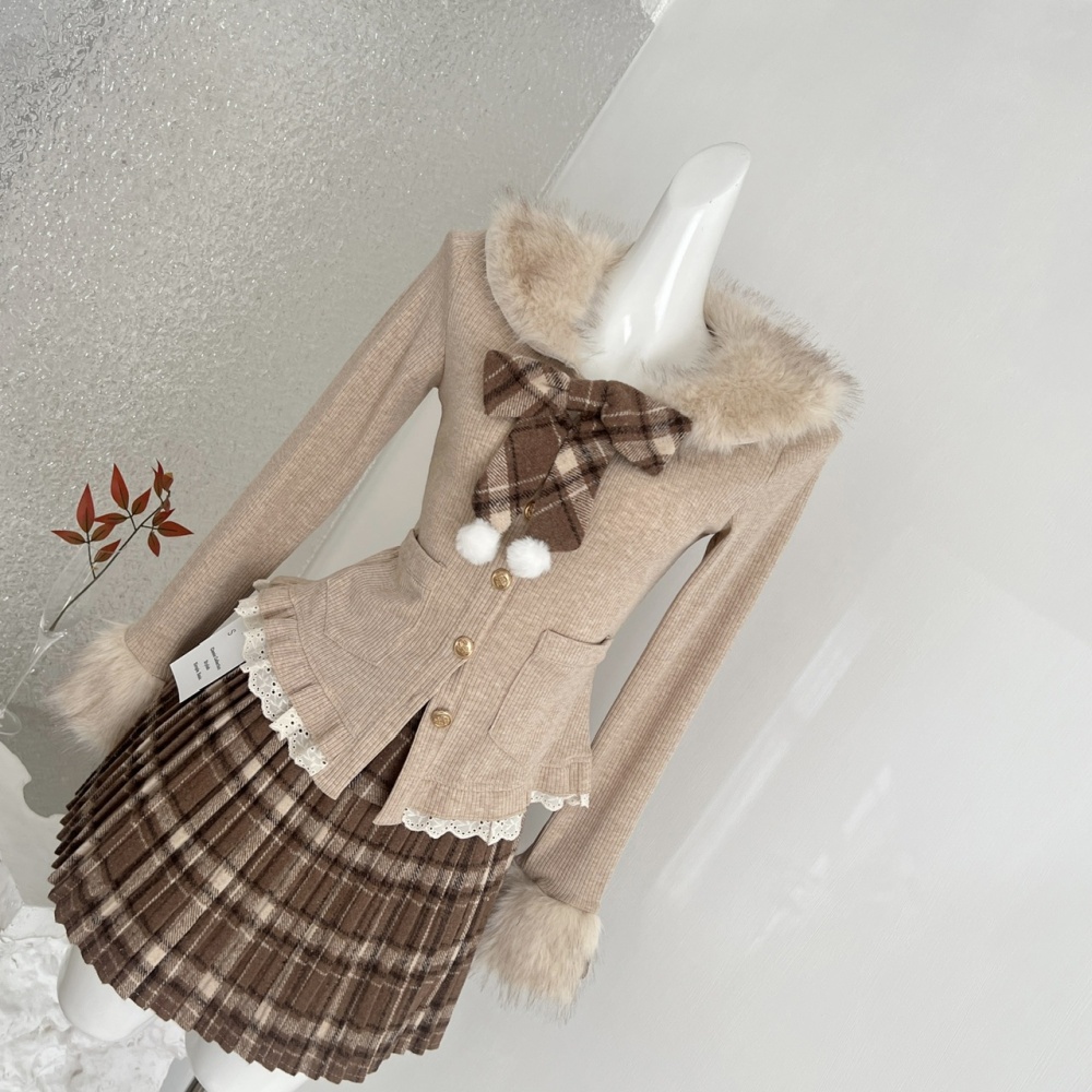 Long sleeve plaid tops autumn and winter sweet skirt a set