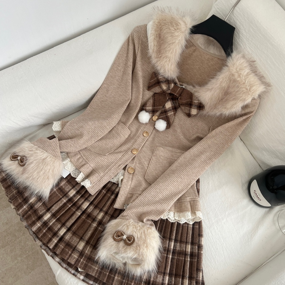 Long sleeve plaid tops autumn and winter sweet skirt a set