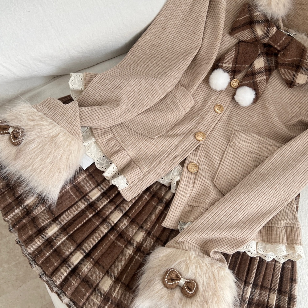 Long sleeve plaid tops autumn and winter sweet skirt a set