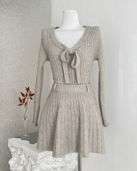 Wool knitted tops bow short skirt a set