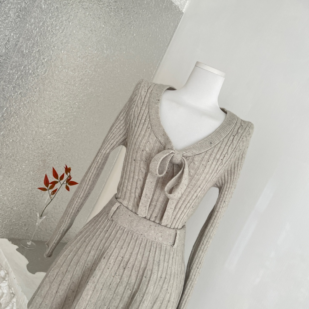 Wool knitted tops bow short skirt a set