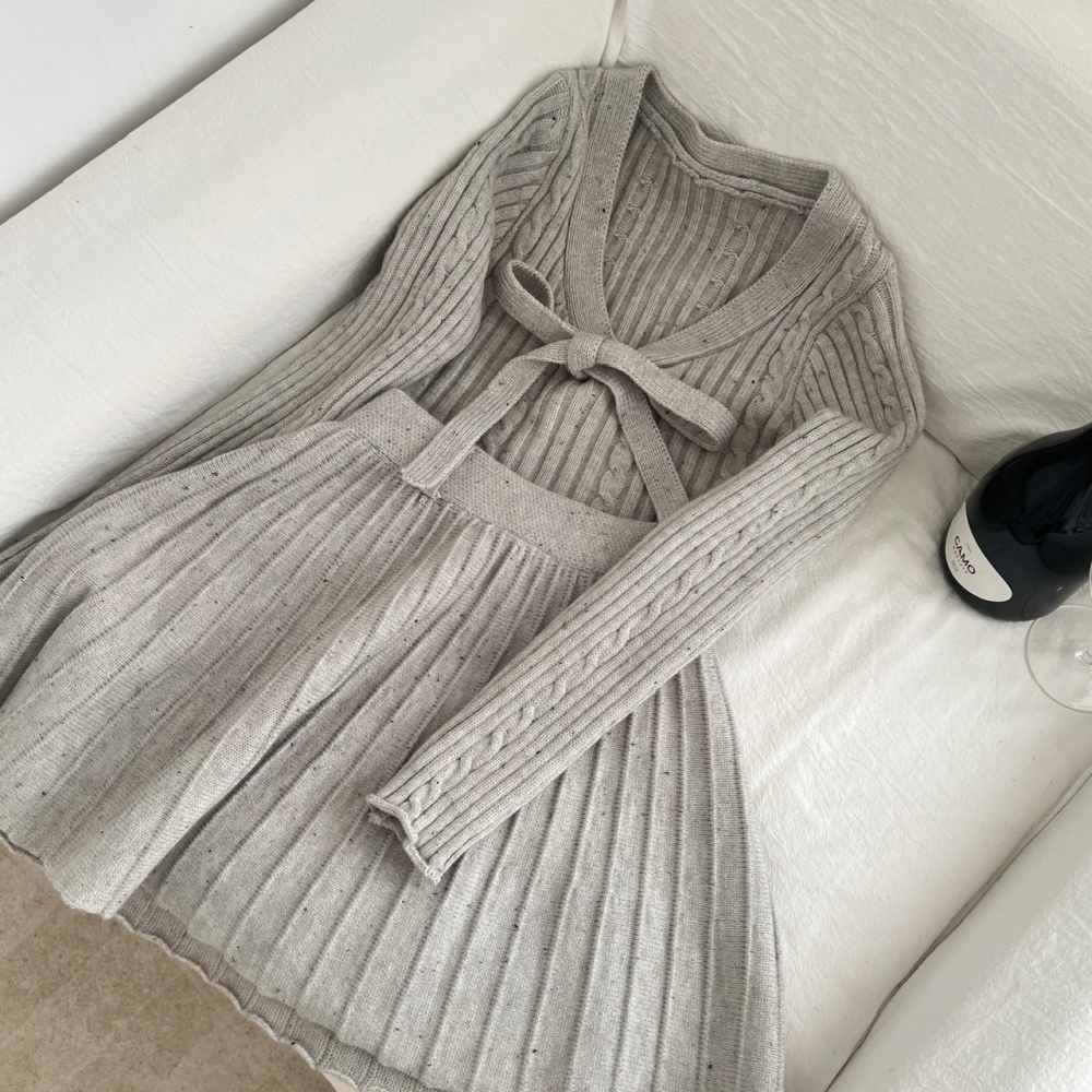 Wool knitted tops bow short skirt a set