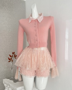 Cake lace knitted shorts temperament Pseudo-two cardigan a set