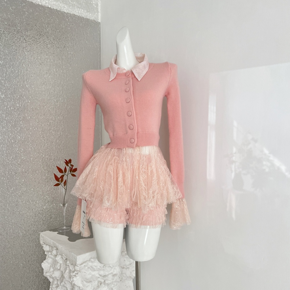 Cake lace knitted shorts temperament Pseudo-two cardigan a set