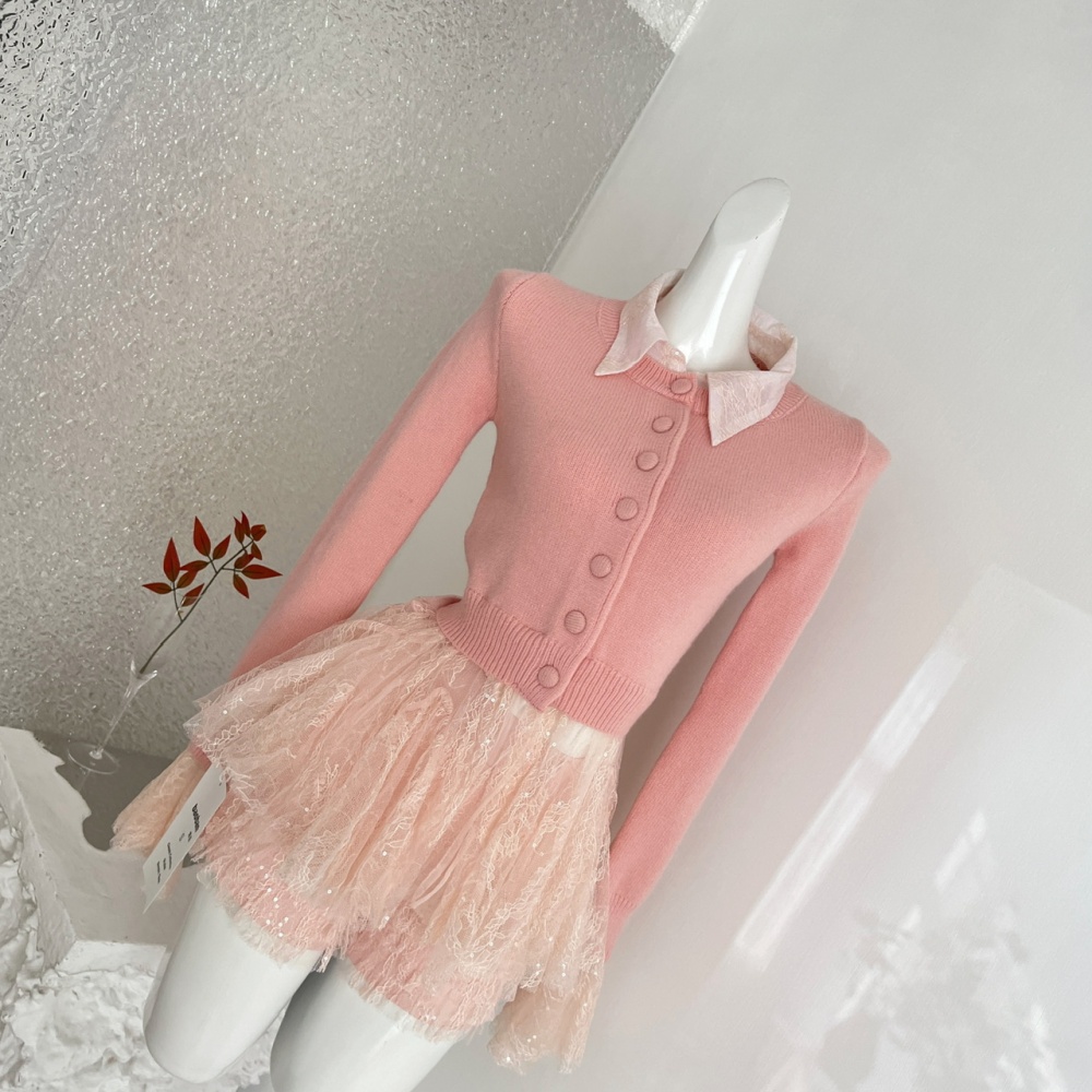Cake lace knitted shorts temperament Pseudo-two cardigan a set