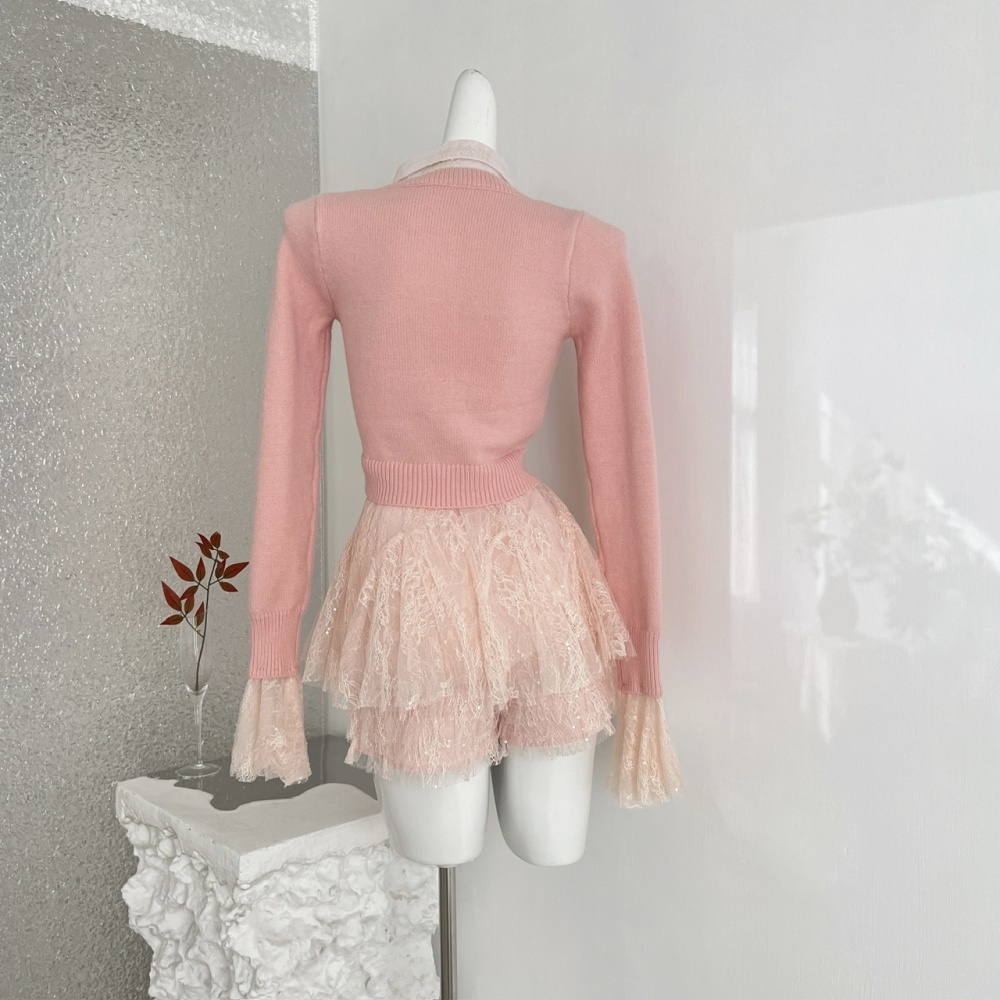 Cake lace knitted shorts temperament Pseudo-two cardigan a set