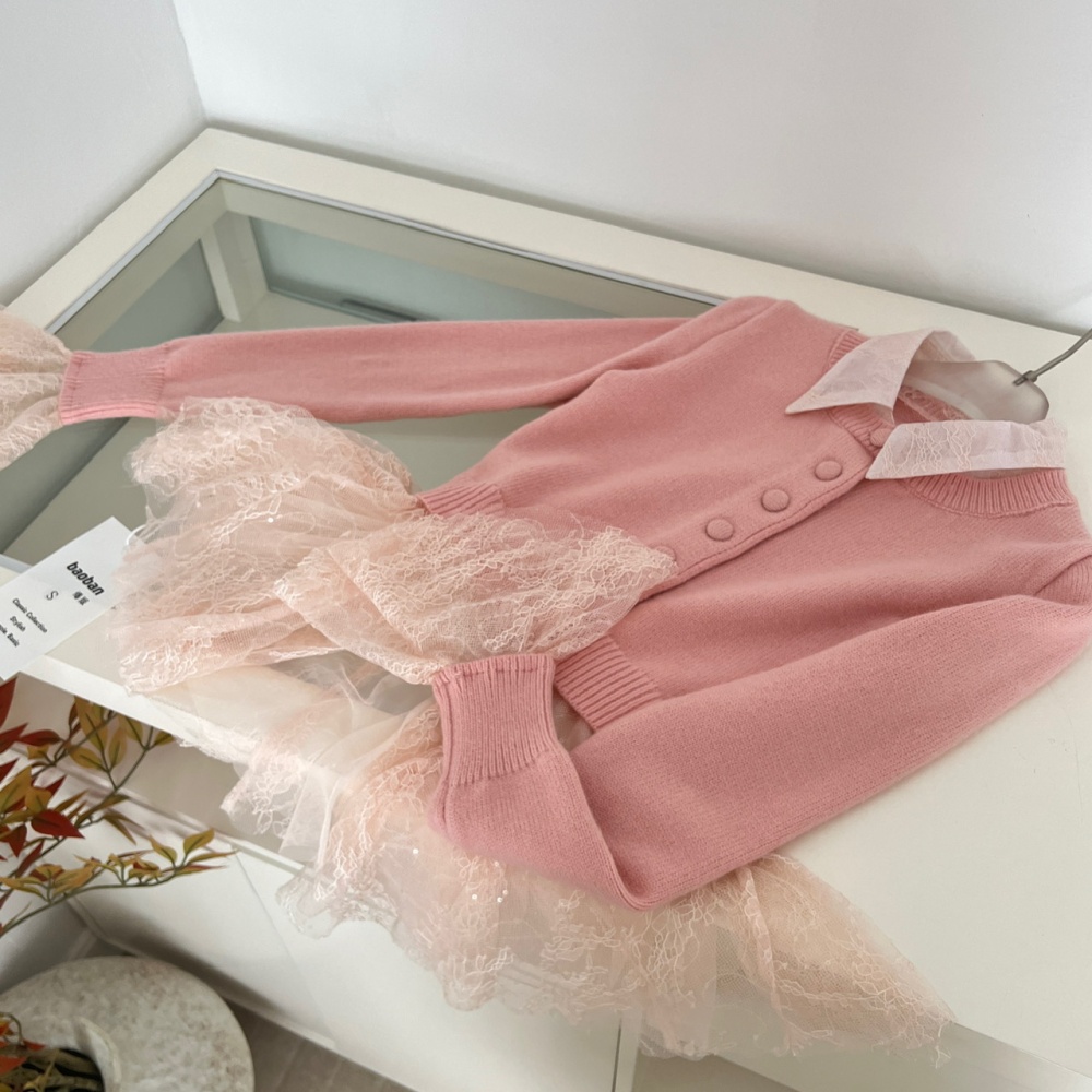 Cake lace knitted shorts temperament Pseudo-two cardigan a set