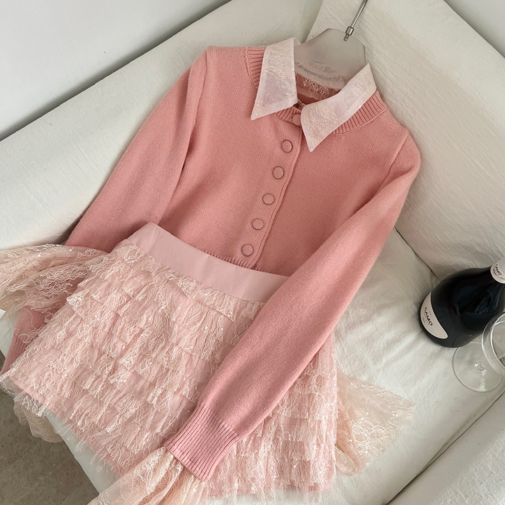Cake lace knitted shorts temperament Pseudo-two cardigan a set