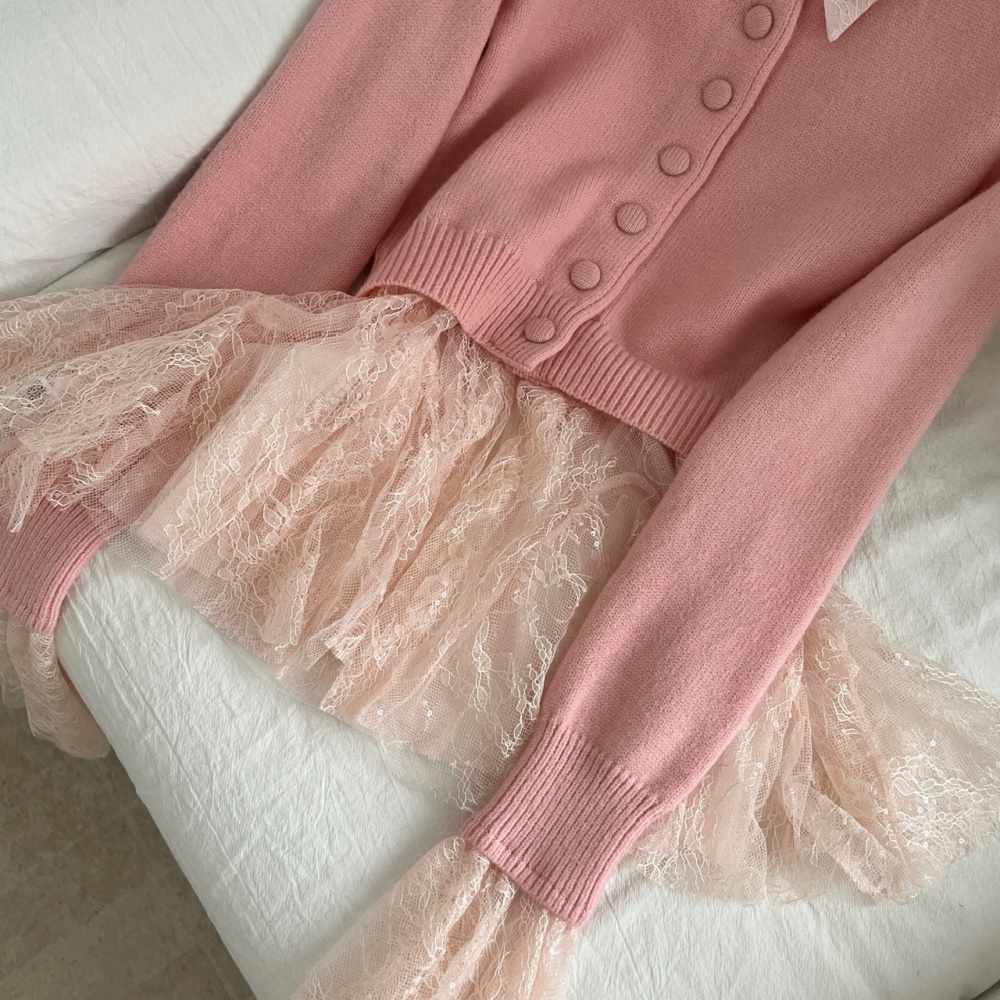Cake lace knitted shorts temperament Pseudo-two cardigan a set