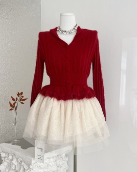 Wool wood ear short skirt lapel sweater a set