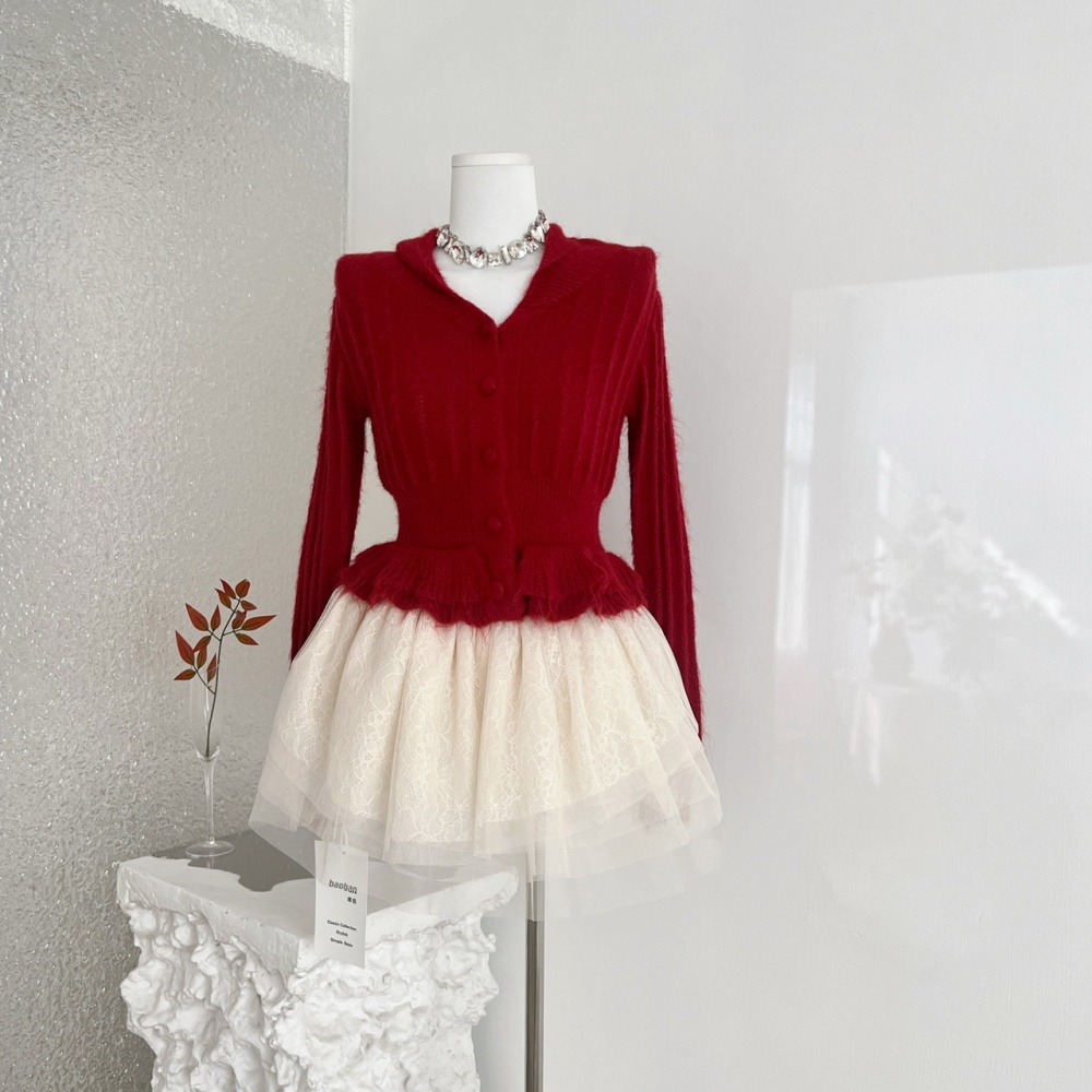Wool wood ear short skirt lapel sweater a set