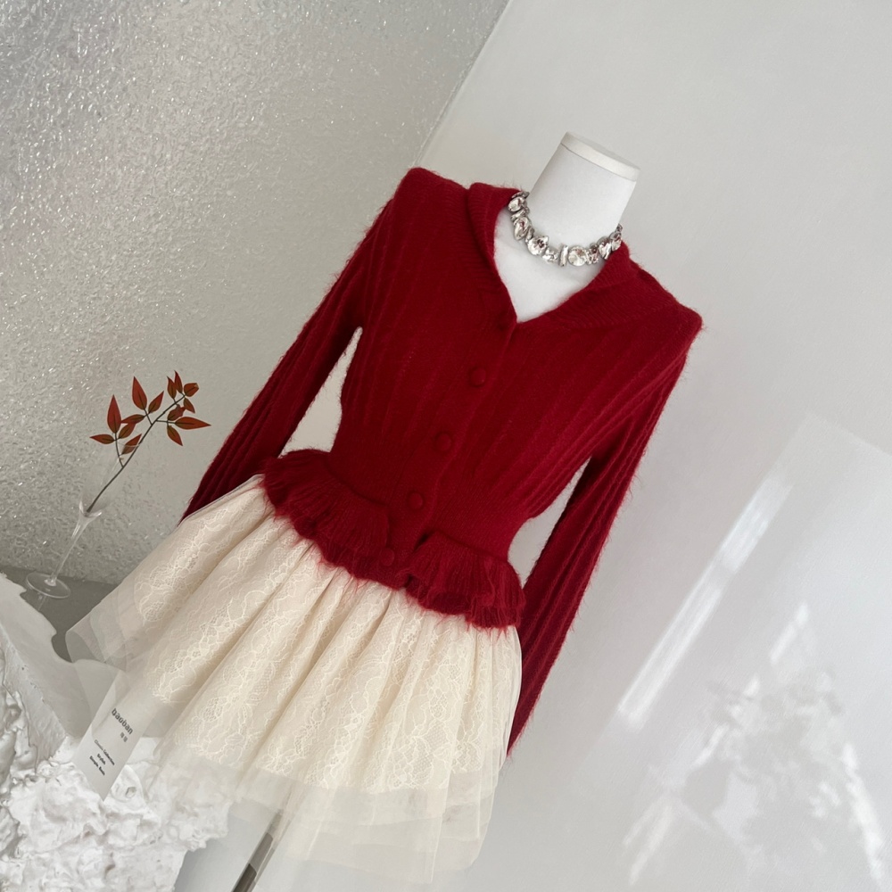Wool wood ear short skirt lapel sweater a set